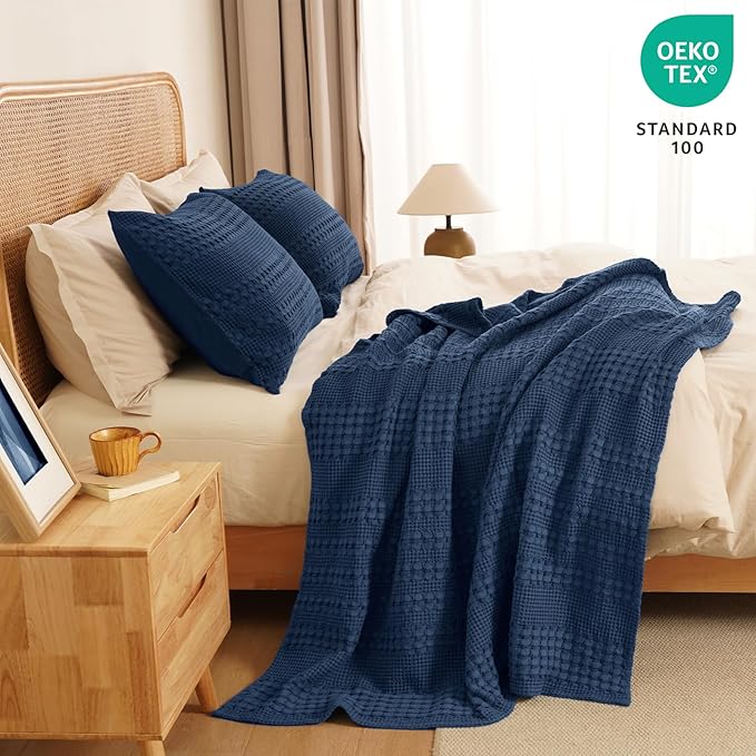 PHF 100% Cotton Waffle Weave Throw Blanket, Soft Lightweight Breathable Cozy Summer Throws for Couch Bed Sofa, Luxury Aesthetic Woven Blanket for Home Decor & Office, 50"x60", Bright Navy