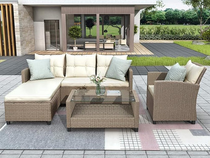 4-Piece Outdoor Rattan Sofa Sets, Patio Furniture Conversation Sectional Couch with Chaise Lounge, Single Sofachair, Seat Cushions and Glass Table, for Garden Backyard Deck, Onesize, Beige