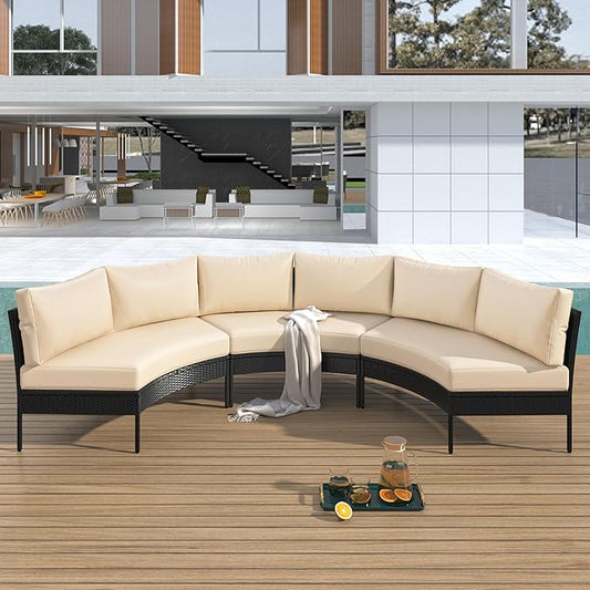 3-Piece Half Moon Patio Furniture Set with Cushions, All Weather Rattan Curved Outdoor Sofa Conversation Group Seatings for Balcony Front Porch Backyard Deck Lawn, Beige
