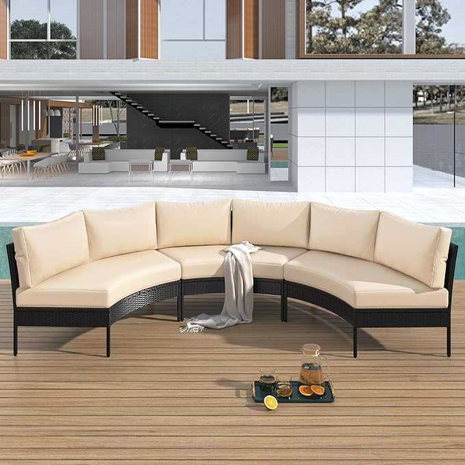 Merax Patio Furniture Sets Outdoor, All Weather Half-Moon Sectional PE Rattan Sofa with Cushions, Beige