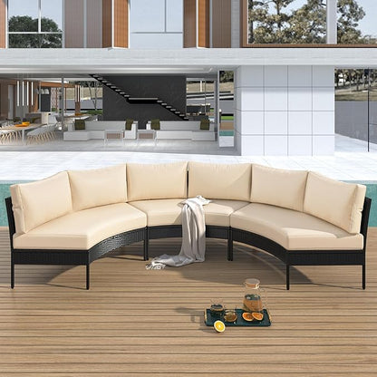 Merax Patio Furniture Sets Outdoor, All Weather Half-Moon Sectional PE Rattan Sofa with Cushions, Beige