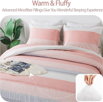 Andency Stripe Comforter Set Twin Size (66x90 Inch), 2 Pieces Pink Patchwork Striped Comforter, Soft Microfiber Down Alternative Comforter Bedding Set with Corner Loops