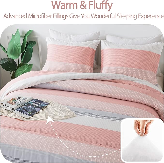 Andency Stripe Comforter Set King Size (104x90 Inch), 3 Pieces Pink Patchwork Striped Comforter, Soft Microfiber Down Alternative Comforter Bedding Set with Corner Loops