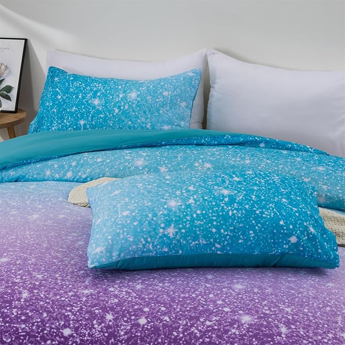 Holawakaka Kids Space Star Glitter Comforter Set Ombre Blue & Purple Print Bedding Set Twin/Twin XL Size Girls Boys Dorm Gradient Galaxy Bed Sets (Blue Purple, Twin)