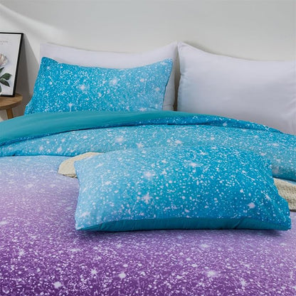 Holawakaka Kids Space Star Glitter Comforter Set Ombre Blue & Purple Print Bedding Set Twin/Twin XL Size Girls Boys Dorm Gradient Galaxy Bed Sets (Blue Purple, Twin)