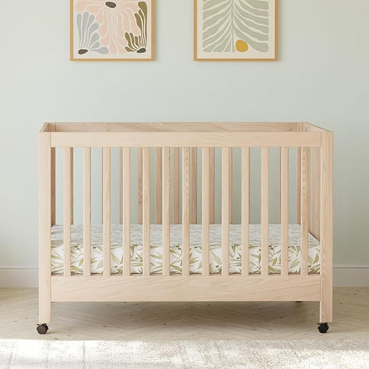 Babyletto Maki Full-Size 2-in-1 Portable Folding Crib with Toddler Bed Conversion Kit in Washed Natural, Greenguard Gold Certified