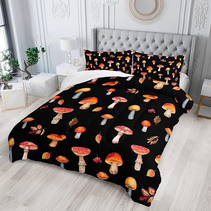 Colorful Mushroom Comforter Set Full Size Kids Mushroom Bedding Set Leaves Quilt Bed Set for Boys Girls Adults with 1 Comforter and 2 Pillowcases