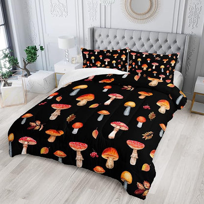 Colorful Mushroom Comforter Set Full Size Kids Mushroom Bedding Set Leaves Quilt Bed Set for Boys Girls Adults with 1 Comforter and 2 Pillowcases