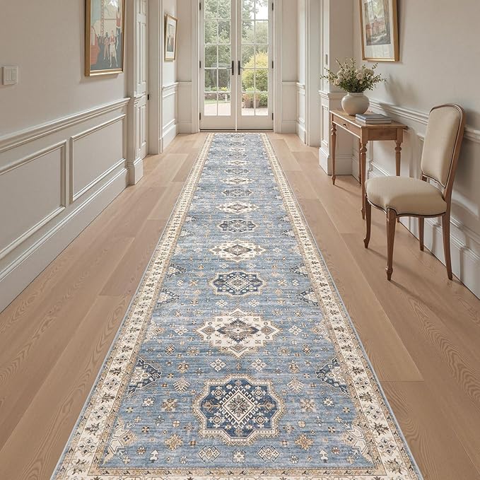 Washable 3x20 Runner Rug - Area Rugs Neutral Vintage Distressed Floral Farmhouse Boho Large Soft Floor Rug Indoor Carpet for Hallway Entryway Home - Blue