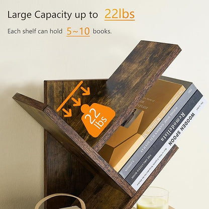 Tajsoon Tree Bookshelf 3 Tier Book Storage Organizer Shelves, Desktop Bookshelf Floor Standing Bookcase Display for CDs/Magazine/Books, Small Bookshelf for Bedroom, Living Room Office, Rustic Brown