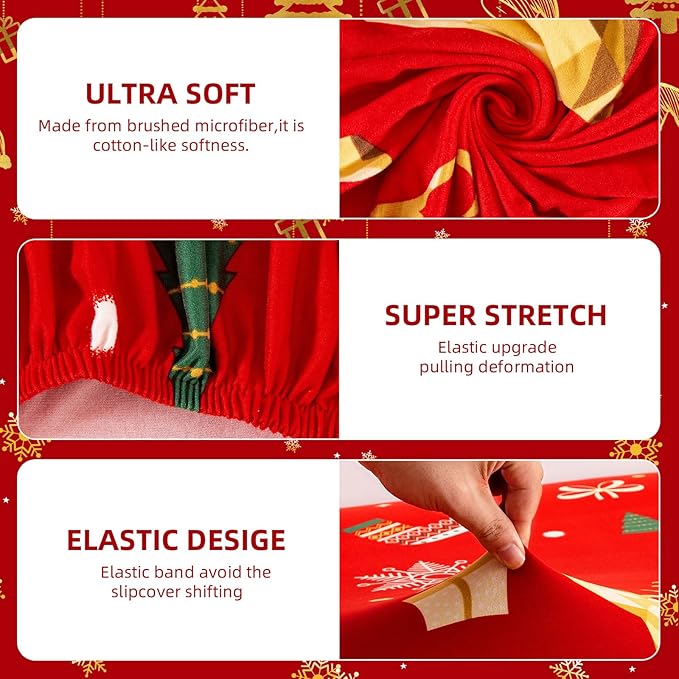 Mybedsoul Christmas Printed Red Sofa Cover Reindeer Printed Elastic Couch Cover Machine Washable Christmas Theme Red Sofa Slipcover for Living Room(3 Seater/Loveseat)