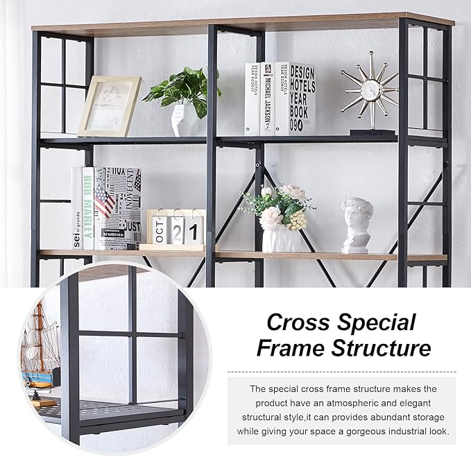 HOMISSUE Double Wide 6-Tier Bookshelf,Industrial Bookcases with Metal Frame,Open Large Storage Bookshelves,Wood Style and Metal Tall Display Shelves for Living Room Office,Brown