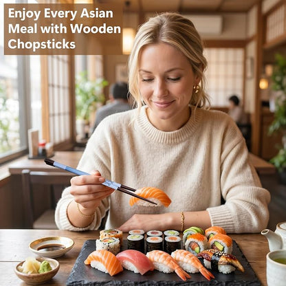 Antner 5 Pairs Reusable Wooden Chopsticks & Ceramic Rests Set, 8.8 Inch/22.5cm Classic Japanese Style Chop Sticks with Chopstick Holders for Ramen Sushi Asian Cuisine Lovers, Black Gift Box