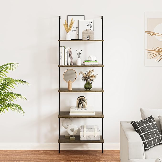 5 Tiers Ladder Shelf 2-Piece Black Modern Tall Bookshelf Open Large Tall Wall Mount Storage Bookcase Standing Leaning Wall Shelves Industrial Decorative