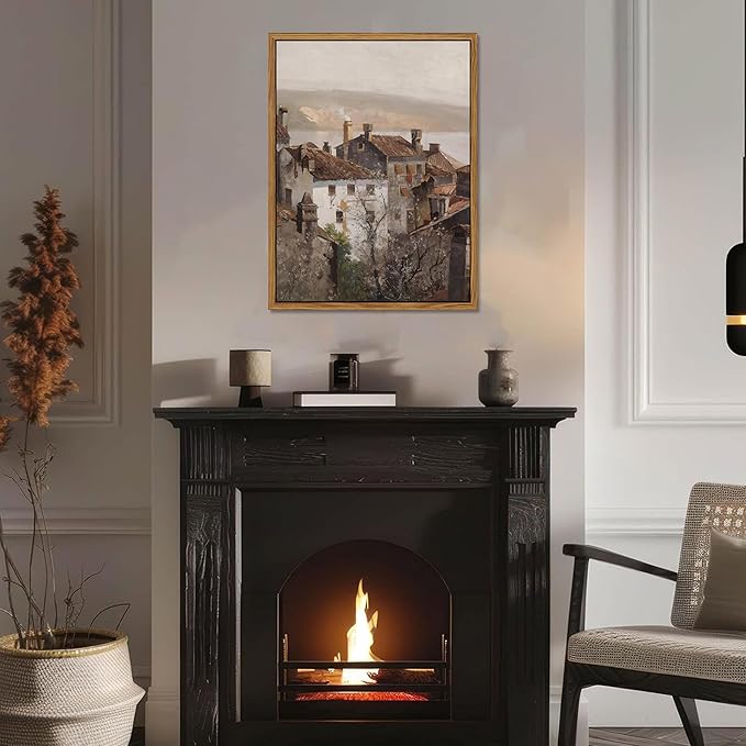 Floating Framed Vintage Canvas Wall Art, European Country Towns Wall Decor Oil Paintings Artwork, Rustic Farmhouse Posters Prints Pictures for Living Room Hallway Bedroom 12x16 inch