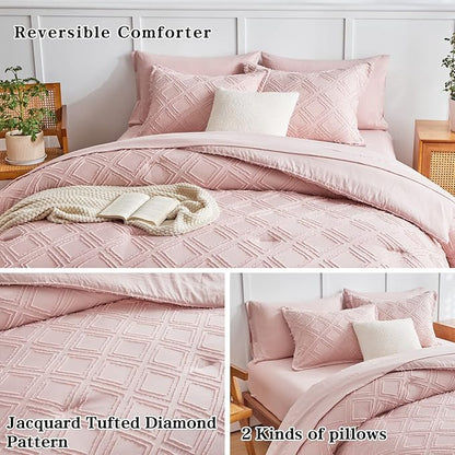 6 Pieces Tufted Bed in a Bag Twin Comforter Set with Sheets Blush, Soft and Embroidery Shabby Chic Boho Bohemian, Luxury Solid Color with Diamond Pattern, Jacquard Tufts Bedding Set for Kids Girls