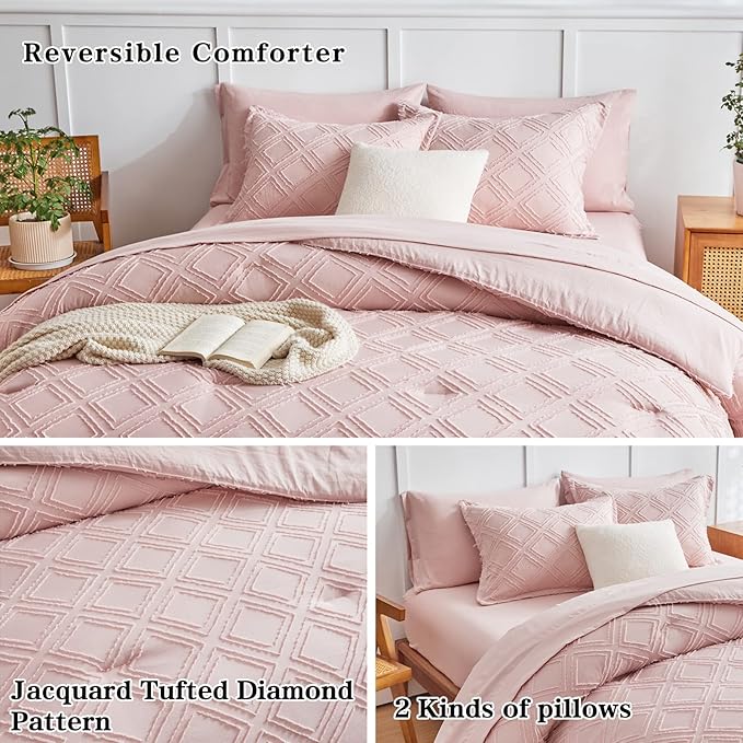 7 Pieces Tufted Bed in a Bag King Comforter Set with Sheets Blush, Soft and Embroidery Shabby Chic Boho Bohemian, Luxury Solid Color with Diamond Pattern, Jacquard Tufts Bedding Set for All Season