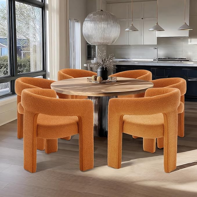 Orange Sherpa Dining Chairs Set of 6, Modern Barrel Dining Room Chairs Upholstered Faux Fur Accent Chair with Arms and Round Back for Living Room Kitchen Armchair No Assembly Needed