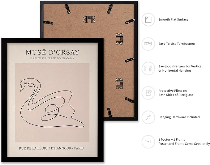 Poster Master Vintage Poster - Retro One Line Swan Drawing Print - Swan Art - Bird Art - Minimal Gift for Her, Animal Lover - Abstract Decor for Home, Office, Bedroom, 11x14 Black Framed