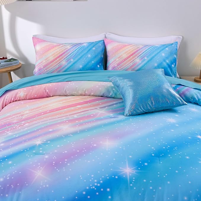 Btargot Super Soft 6 Pieces Gradient Star Ring Comforter Set, Colorful Glitter Rainbow Star Pattern Bedding Set for Boys Girls Teens, Queen Light Blue