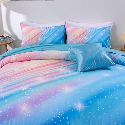 Btargot Super Soft 6 Pieces Gradient Star Ring Comforter Set, Colorful Glitter Rainbow Star Pattern Bedding Set for Boys Girls Teens, Full Light Blue