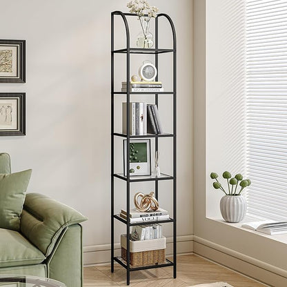 Bookcase Bookshelf, Tempered Glass Arched Bookshelf for More Storage, Slim Shelving Unit for Bedroom, Bathroom, Home Office, Steel Frame, 6 Tier Black BC20699B