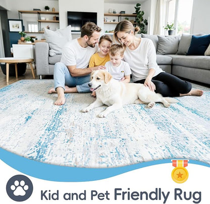 10x14 Washable Area Rug for Living Room Bedroom: Non-Slip Modern Light Blue | Machine Washable TPR Backing, Stain-Resistant Low Pile, Pet & Kid Friendly, Abstract Decor for Dining Room, Dorm, Home Office
