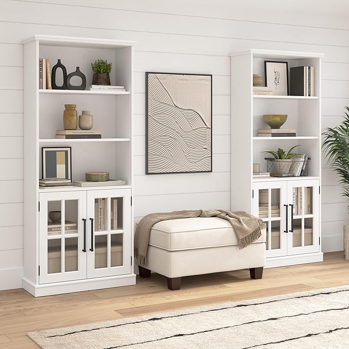 Bush Furniture Westbrook Tall 5 Shelf Bookcase with Glass Doors in White Ash | Farmhouse Bookshelf Cabinet for Living Room and Home Office