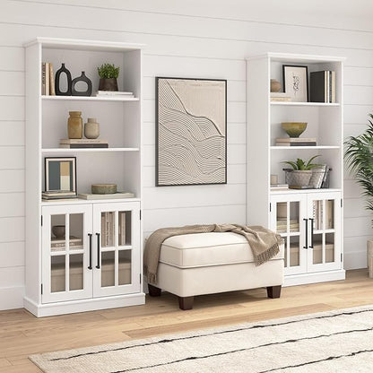 Bush Furniture Westbrook Tall 5 Shelf Bookcase with Glass Doors in White Ash | Farmhouse Bookshelf Cabinet for Living Room and Home Office