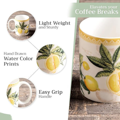 Maison d' Hermine Coffee Mug with Handles Tea Cups (12 Ounce, Pack of 1) | Fine Bone China Coffee Mugs for Hot Beverages Cappuccino Latte Home Restaurant Hotel Spring Summer -Limoncello - Combava