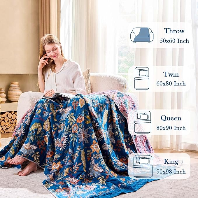Fall Throw Blanket for Couch, Blue Boho Decorative Throw Blanket, 100% Cotton Muslin Breathable Woven Farmhouse Blankets Quilt, 90"x98" Reversible Lightweight Blankets Bohemian Throw Quilt