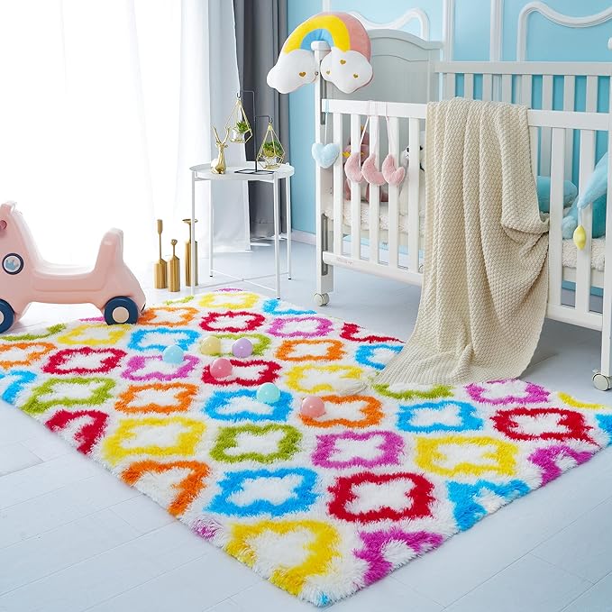 Tepook Fluffy Colorful Rug for Kids, Shaggy Soft Rainbow Area Rugs for Girls Bedroom, Indoor Modern Geometric Moroccan Rugs Plush Girls Kids Rug for Playroom Teens Room Nursery Home Decor, 4 X 6 ft