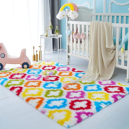 Tepook Fluffy Colorful Rug for Kids, Shaggy Soft Rainbow Area Rugs for Girls Bedroom, Indoor Modern Geometric Moroccan Rugs Plush Girls Kids Rug for Playroom Teens Room Nursery Home Decor, 4 X 6 ft