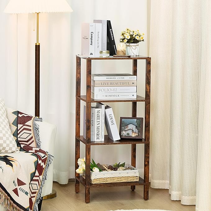 4 Tier Tall Wooden Bookshelf with Storage, Narrow Bookcase for Small Space, Small Book Shelf for Living Room, Office, Bedroom, Kitchen, Industrial, Rustic Brown