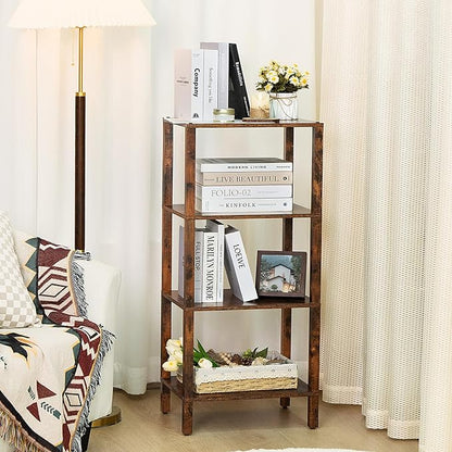 4 Tier Tall Wooden Bookshelf with Storage, Narrow Bookcase for Small Space, Small Book Shelf for Living Room, Office, Bedroom, Kitchen, Industrial, Rustic Brown