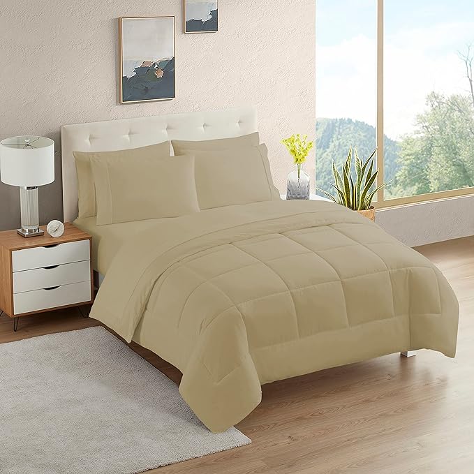 Dorm Room Essentials College Bedding Comforter Set 5 Piece Twin Size Bed in a Bag for College Students Boys and Girls, Twin, Taupe