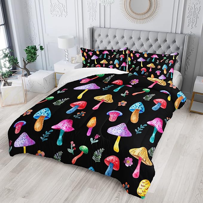 Colorful Mushroom Comforter Set Queen Size Kids Mushroom Flora Bedding Set Botanical Plant Theme Print Quilt Bed Set for Boys Girls Adults with 1 Comforter and 2 Pillowcases