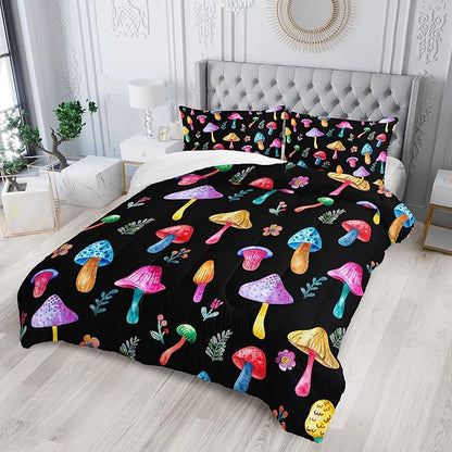 Colorful Mushroom Comforter Set Queen Size Kids Mushroom Flora Bedding Set Botanical Plant Theme Print Quilt Bed Set for Boys Girls Adults with 1 Comforter and 2 Pillowcases