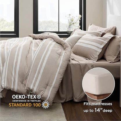 Bedsure Bed in a Bag Twin Size 5 Pieces, Light Camel White Striped Bedding Comforter Sets All Season Bed Set with 1 Pillow Sham, Flat Sheet, Fitted Sheet and 1 Pillowcase