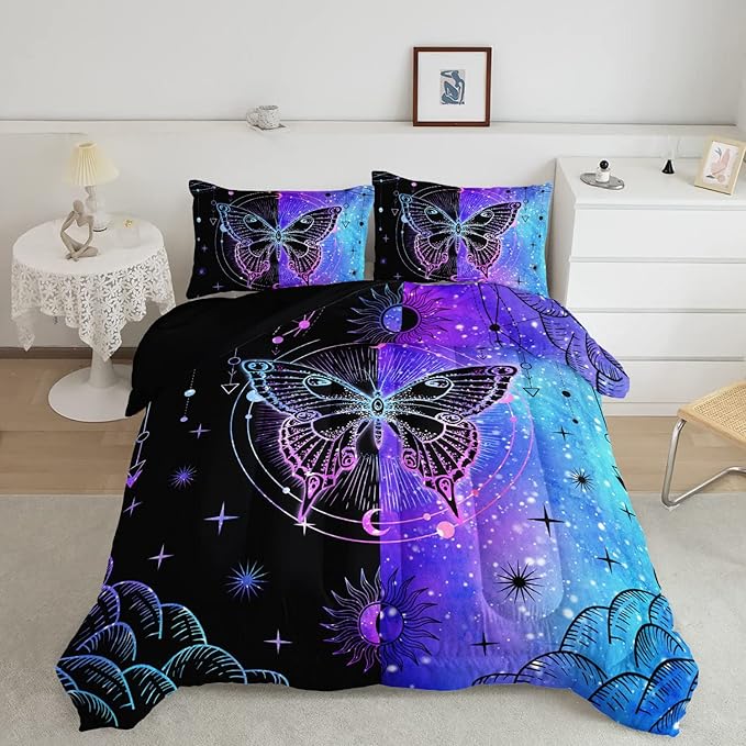 Datura home Black Blue Butterfly Comforter Set for Girls Women,Boho Butterfly Sun and Moon Mandala Printed Bedding Set with 2 Pillowcases(Black Blue Twin)