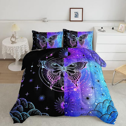 Datura home Black Blue Butterfly Comforter Set for Girls Women,Boho Butterfly Sun and Moon Mandala Printed Bedding Set with 2 Pillowcases(Black Blue Queen)