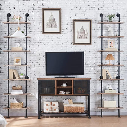 HOMBAZAAR Industrial Bookshelf, 7-Tier Industrial Pipe Bookshelf, Wall Mounted Ladder Shelves with Metal Frame for Home Office, Living Room, Oak Brown