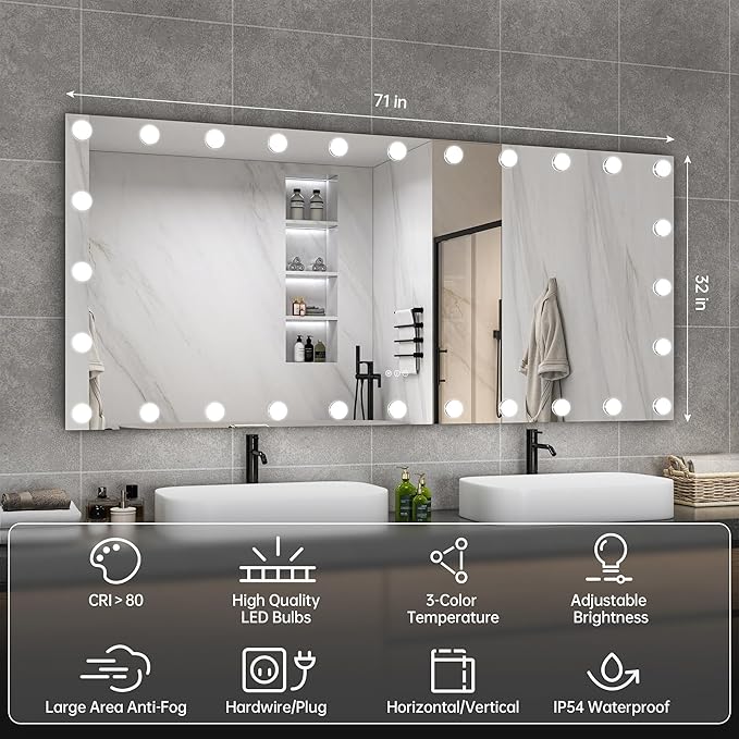 Hasipu LED Bathroom Mirror with Lights, 71" x 32" Hollywood Wall-Mounted Bathroom Mirror with 28 Dimmable Bulbs, 3 Colors Modes, Touch Control, Anti-Fog, Memory Function, Shatter-Proof, ETL Listed