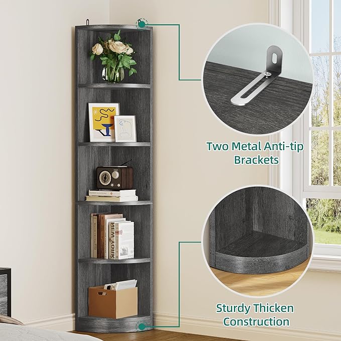 YITAHOME 70.8" Corner Shelf, 5 Tier Corner Bookshelf and bookcase, Modern Open Free Standing Shelving Unit Wooden Display Rack Storage Shelves for Bedroom, Living Room, Home Office, Charcoal Gray