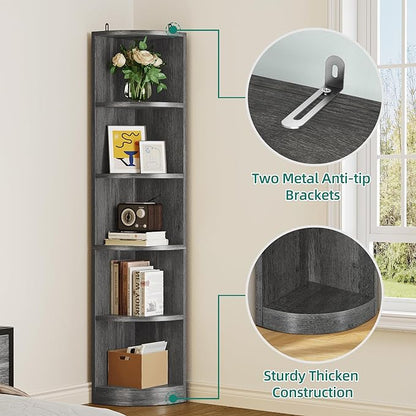 YITAHOME 70.8" Corner Shelf, 5 Tier Corner Bookshelf and bookcase, Modern Open Free Standing Shelving Unit Wooden Display Rack Storage Shelves for Bedroom, Living Room, Home Office, Charcoal Gray