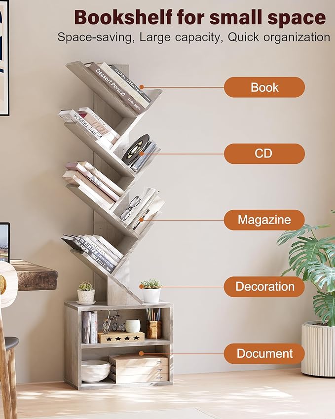 SUNMORY 6 Tier Tree Bookshelf, Tall Bookcase with Storage Cabinet, Modern Narrow Bookshelves Organizer, Floor Standing Book Shelf for Bedroom/Living Room/Home Office/Corner, Grey