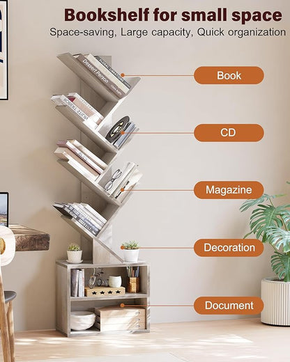SUNMORY 6 Tier Tree Bookshelf, Tall Bookcase with Storage Cabinet, Modern Narrow Bookshelves Organizer, Floor Standing Book Shelf for Bedroom/Living Room/Home Office/Corner, Grey