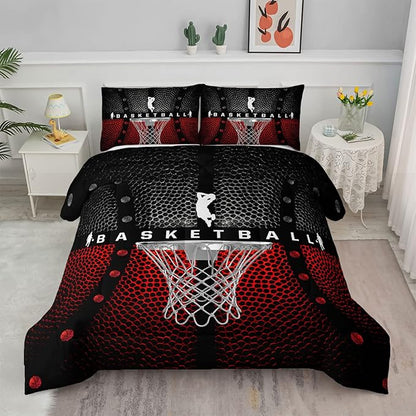 Axolotl Basketball Bedding Set for Boys Kids Teens,Soft Black and Red Sports Theme Basketball Bedding Sets Twin Size with 1 Comforter and 2 Pillowcases All Season