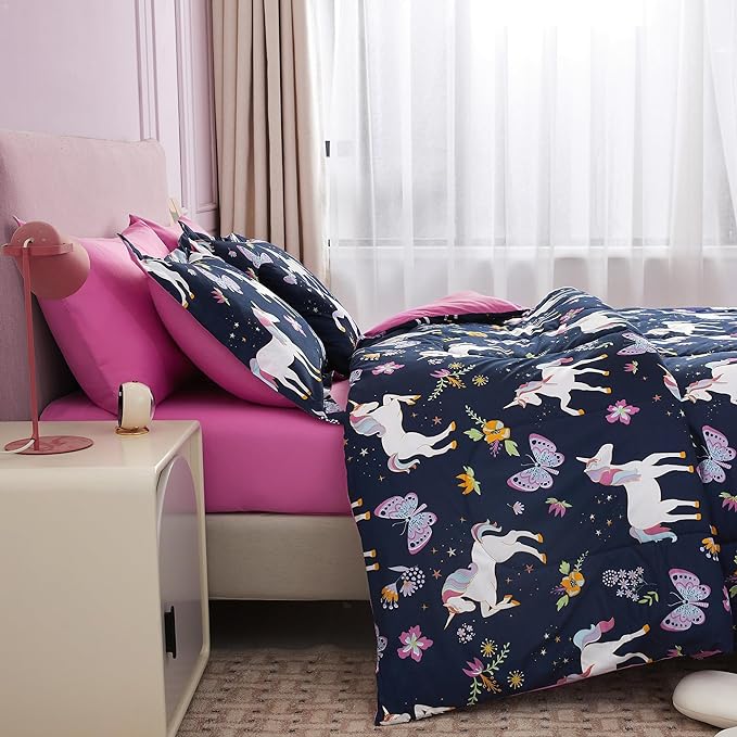 Mooreeke Kids Comforter Bed Set Twin Size for Girls, 6 Pieces Bed in a Bag with Shams, Sheet Set, Purple Pink Unicorn Twin Soft Microfiber Kids Comforter Bedding Set