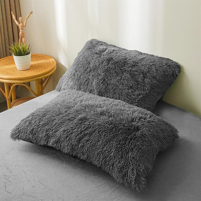 Fluffy dark grey comforters Cover twin size - Ultra Soft Plush dark grey bedding Sets 2 Pieces (1 faux fur comforter Cover + 1 fuzzy pillow case) girls shaggy dark grey twin bed set (Dark Grey, Twin)